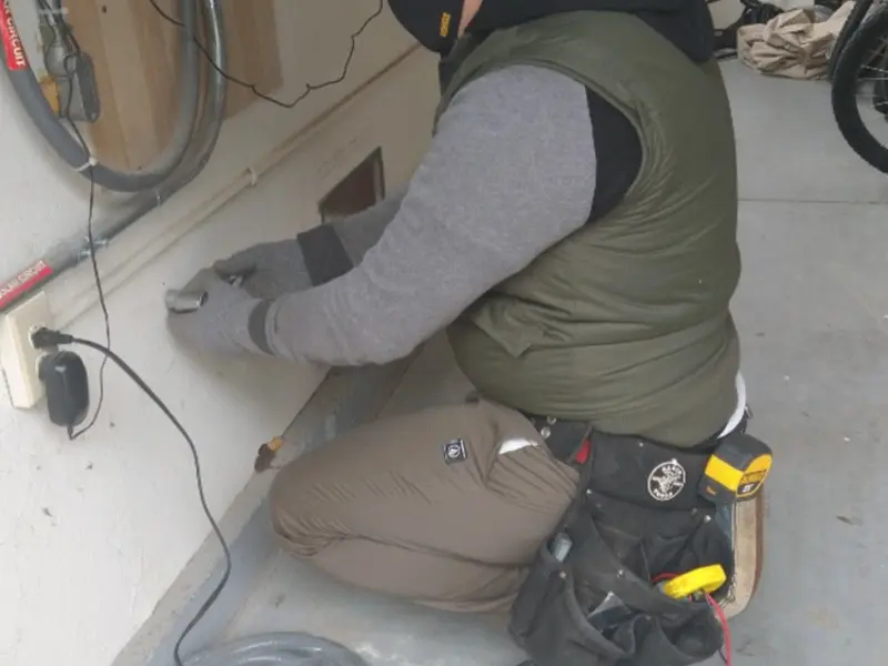 Electrician performing outlet wiring in a Pensacola Station garage